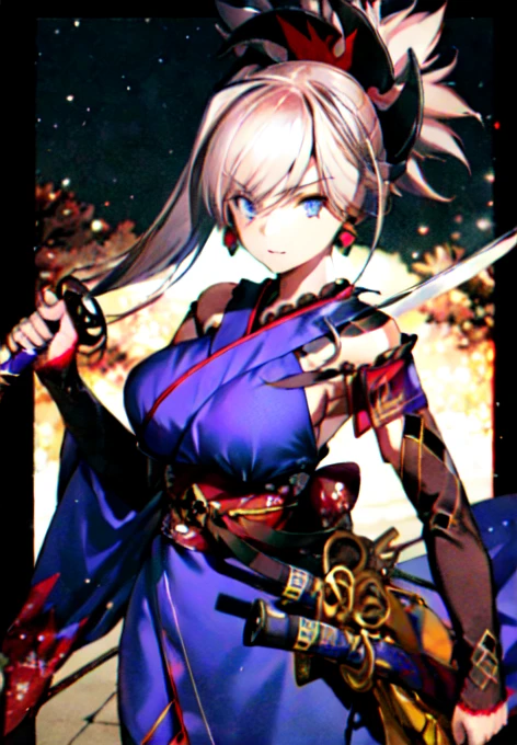 masterpiece, best quality, high resolution,
Saber1, Default Kimono, 1girl, 独奏, weapon, sword, katana, holding, dual wielding, sheath, looking at viewer, breasts, holding weapon, holding sword, night, large breasts, shining star, border, long hair, unsheathed, cowboy shot, night sky, sky,milkyway,Two-Way,Suspicious expression,4K
