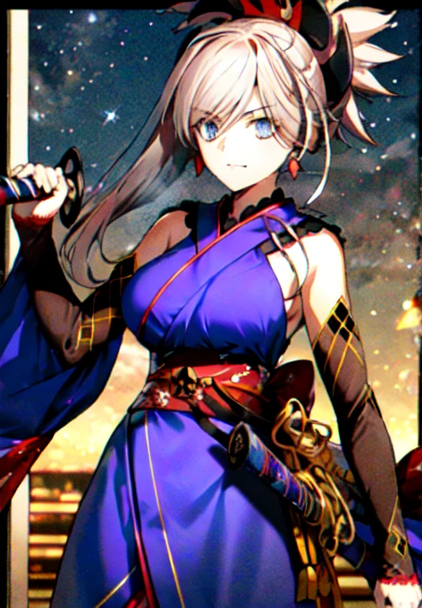 masterpiece, best quality, high resolution,
Saber1, Default Kimono, 1girl, 独奏, weapon, sword, katana, holding, dual wielding, sheath, looking at viewer, breasts, holding weapon, holding sword, night, large breasts, shining star, border, long hair, unsheathed, cowboy shot, night sky, sky,milkyway,Two-Way,Suspicious expression,4K
