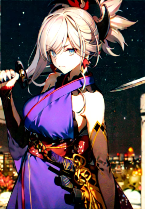 masterpiece, best quality, high resolution,
Saber1, Default Kimono, 1girl, 独奏, weapon, sword, katana, holding, dual wielding, sheath, looking at viewer, breasts, holding weapon, holding sword, night, large breasts, shining star, border, long hair, unsheathed, cowboy shot, night sky, sky,milkyway,Two-Way,Suspicious expression,4K
