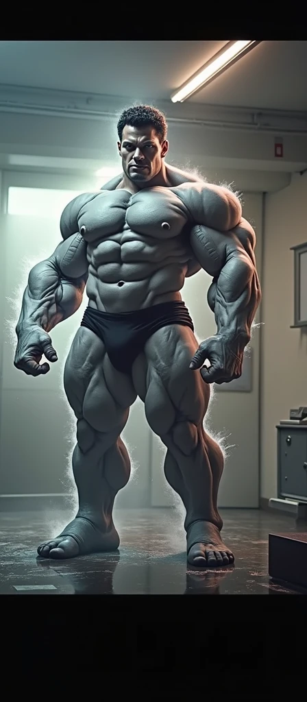 This boy has injected himself with a serum that has given him a huge growth of muscles that has turned him into a gigantic muscle monster.