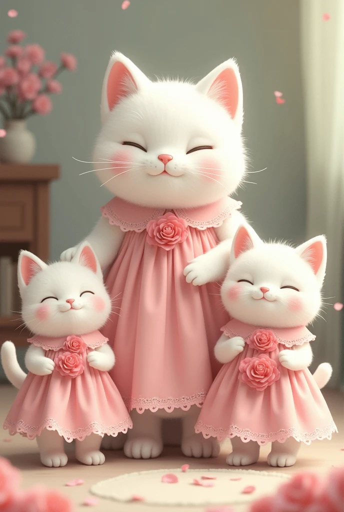 White big cat and white cat wear pink dress and small cat wear pink dress going to home