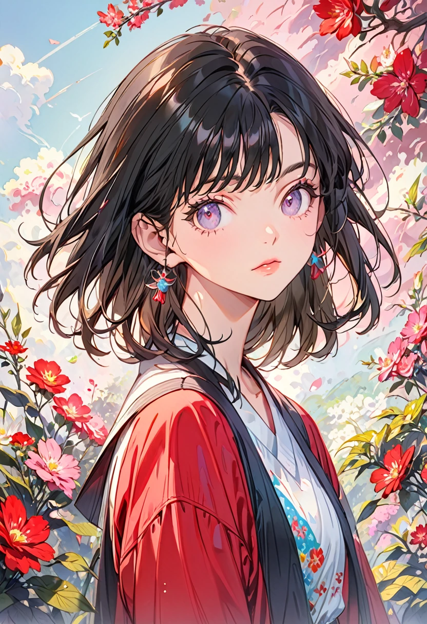 (((pop)))、1990s、((Colorful background))(Highest quality,Super detailed,High resolution:1.2),A beautiful young girl with a perfect face., Cool look, Black Hair,Portrait,