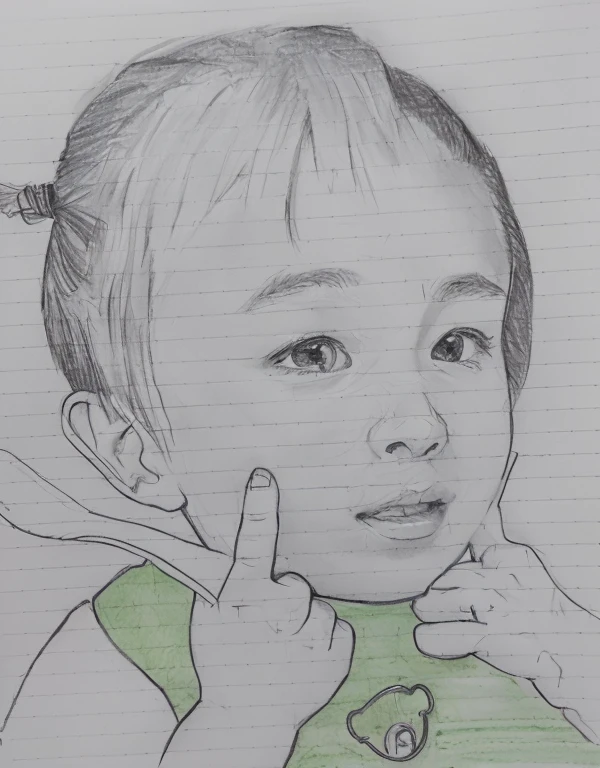 A picture of a boy smiling with his hand on his chest, a Pencil sketch, Realism drawing, Pencil sketch, Realistic sketch, Close-up portrait, pencil drawing, Realistic portraits, Professional sketching, cute portrait, hyperRealistic sketch, pencil on paper, Detailed portrait, Traditional portrait, loose Pencil sketch, Professional portrait, Art sketch, Realistic Graphite, Very Detailed Portrait The index finger and thumb of the left hand、Please generate a clean state where you have nothing.。