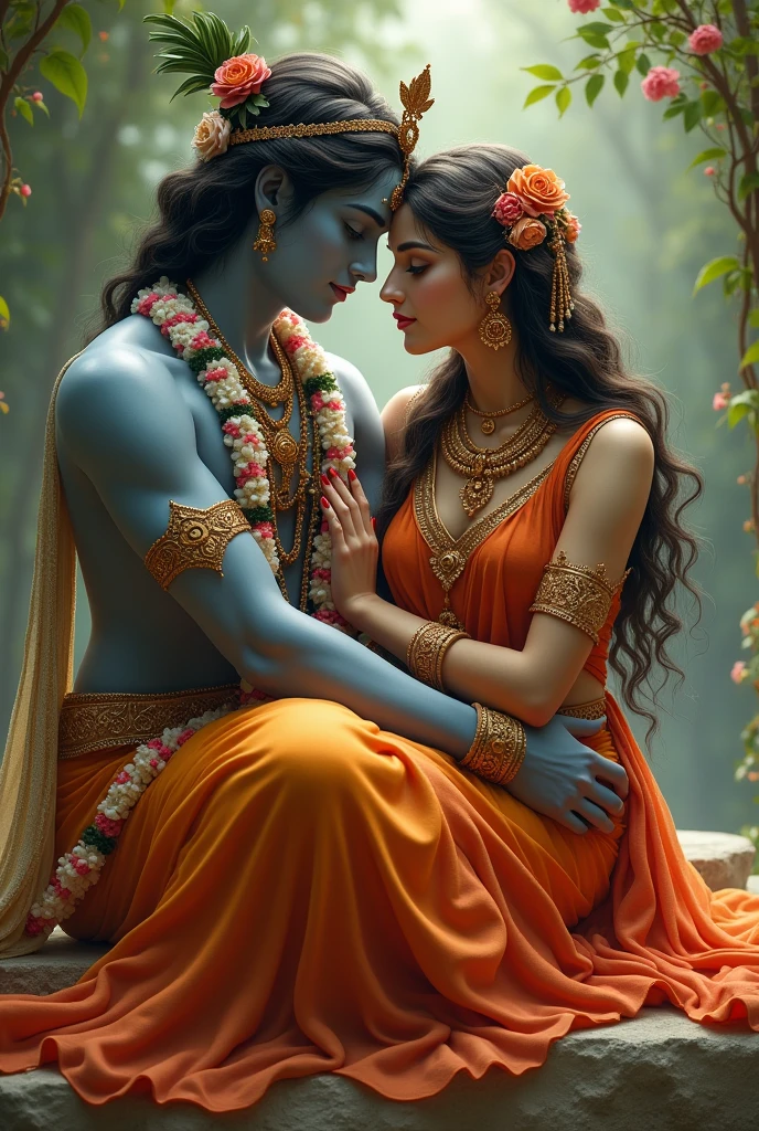 Radha is  lord  krishna men ,radha sit on krishnas thais 
pose




,both clear faces back colur