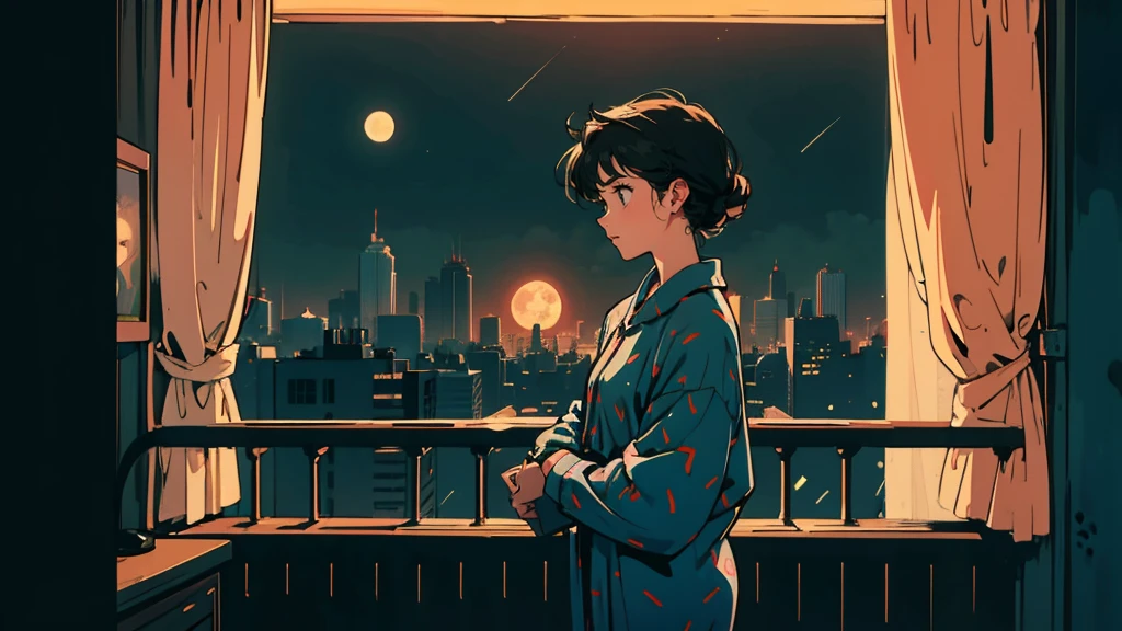 Anime style illustration of young woman on balcony at night. Full moon and starry sky, cityscape below with ling lights. Woman in profile, wearing pajamas with polka dot pattern. Wearing a big headphone and looking at viewers. Balcony railing in foreground. Curtains visible from room behind. Contrast between dark night sky and bright city lights. Peaceful, contemplative mood. Highly detailed background with buildings. Soft, warm color palette with emphasis on blues and oranges. Cozy, late-night atmosphere. Various colors in the image