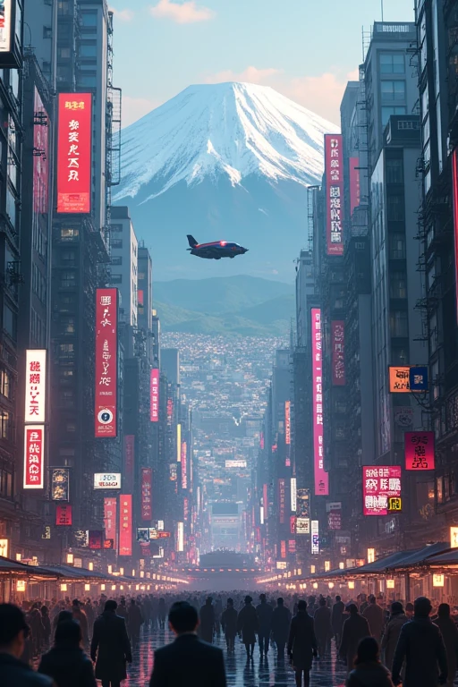 Big city cyberpunk with Mt. Fuji in the background