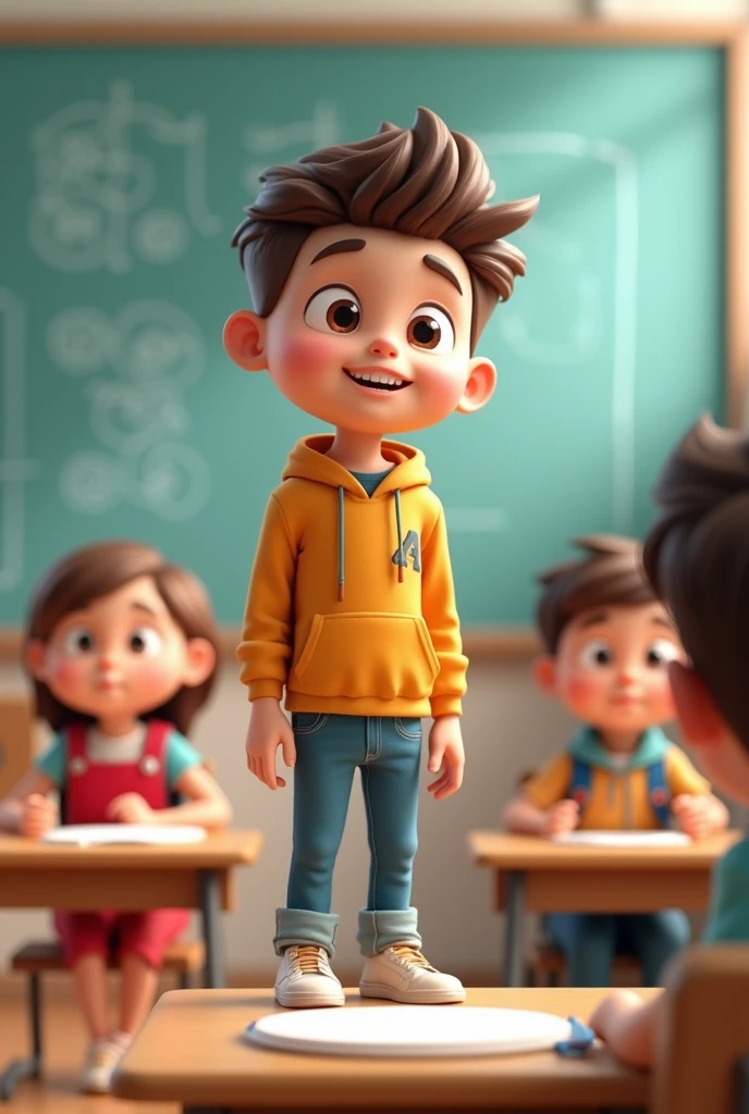 Young boys class one Student stanup on bench and saying ai 3d image cartoon type