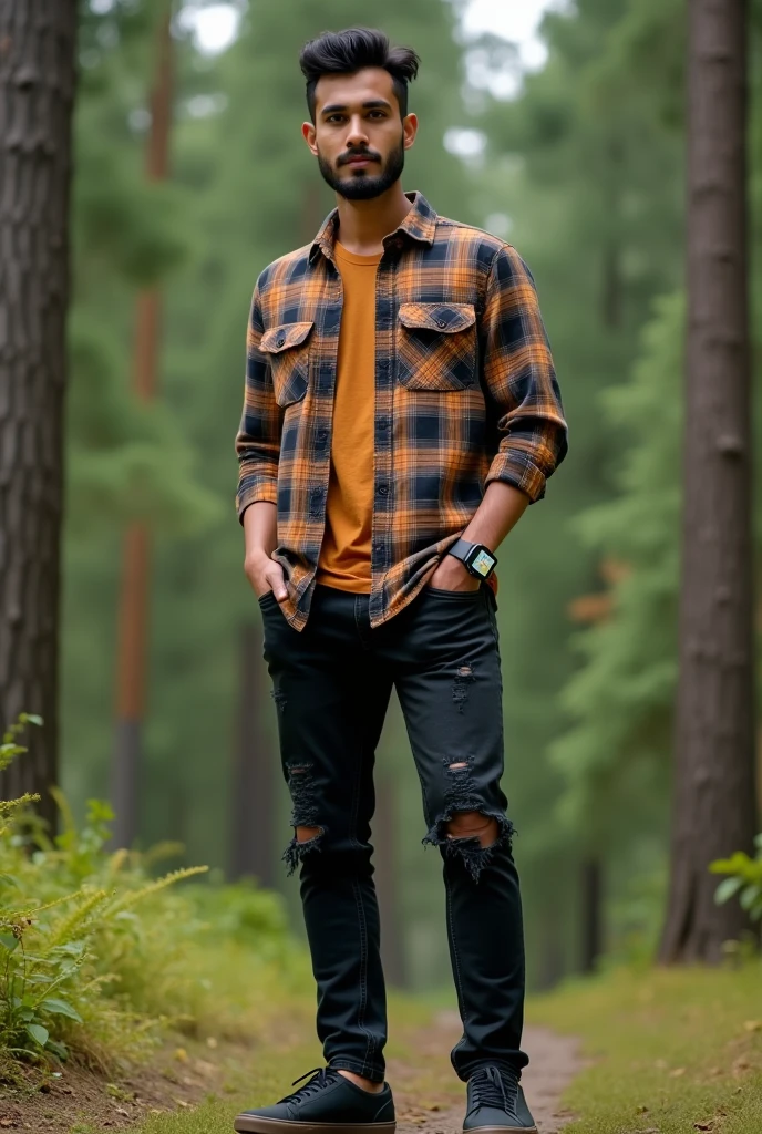 please make me a realistic photo of a 30-year-old Indonesia man wearing a combination color long-sleeved plaid shirt, wearing black torn jeans, wearing black vans.wearing an iPhone smartwatch, standing outdoors against the background of a green pine forest.4K Full HD resolution.
