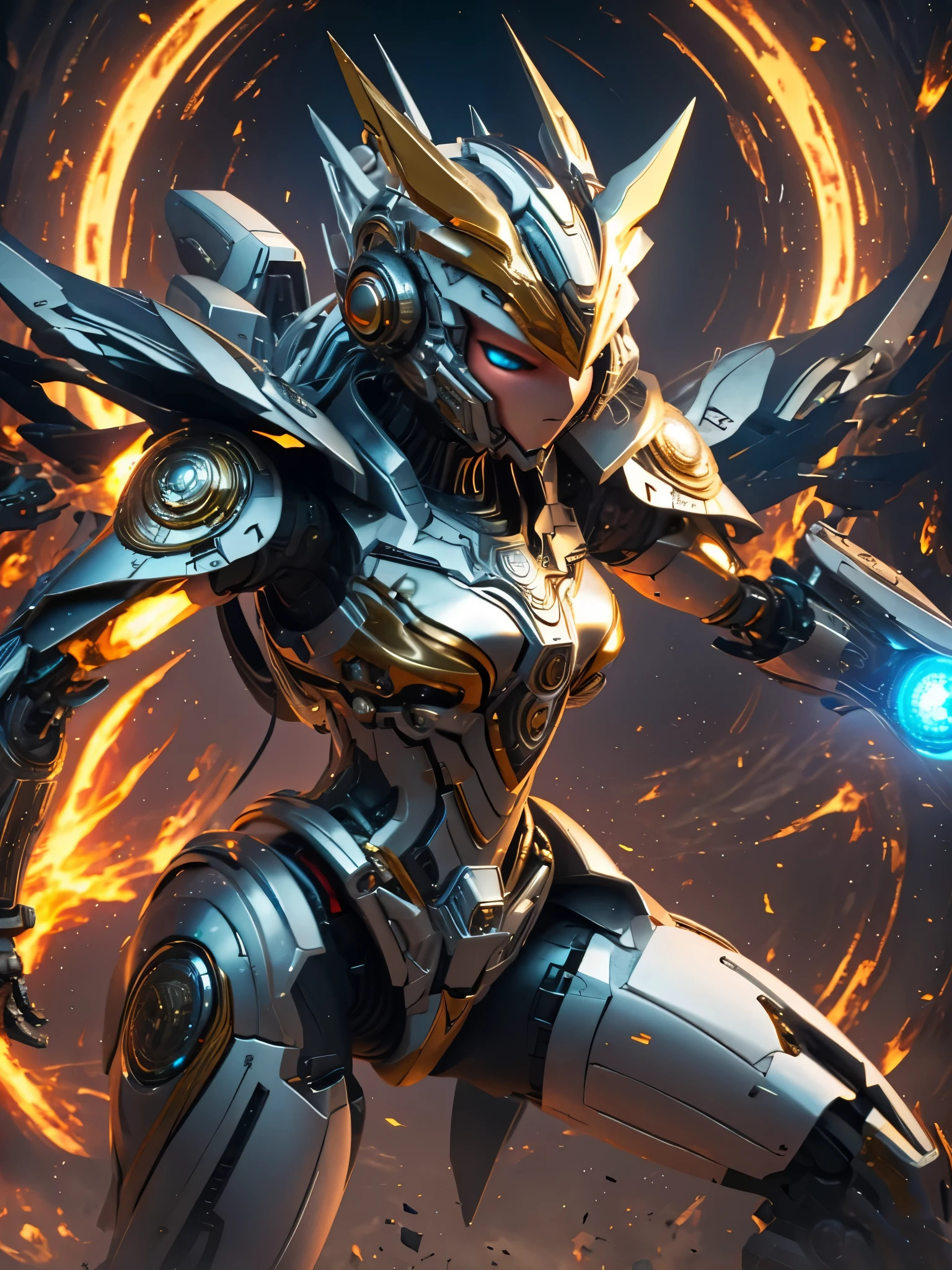 ((Highest quality)),(Ultra-high resolution),(Super detailed),(Detailed Description),((The best CG)),(masterpiece),Highly detailed art,(Art with precise detail:1.5), (Sci-Fi Fantasy:1.8), (Female Robot:1.5),Sonic Blade:1.5, iron, Crushing Arm, Fight, Cutting through the wind, Roaring Air,, Dazzling Sun:1.4, Lion's Fury, Brave and courageous, One-of-a-kind warriors, vermilion,Dark Green,sky blue,Illumination, design, Brightness:1.5