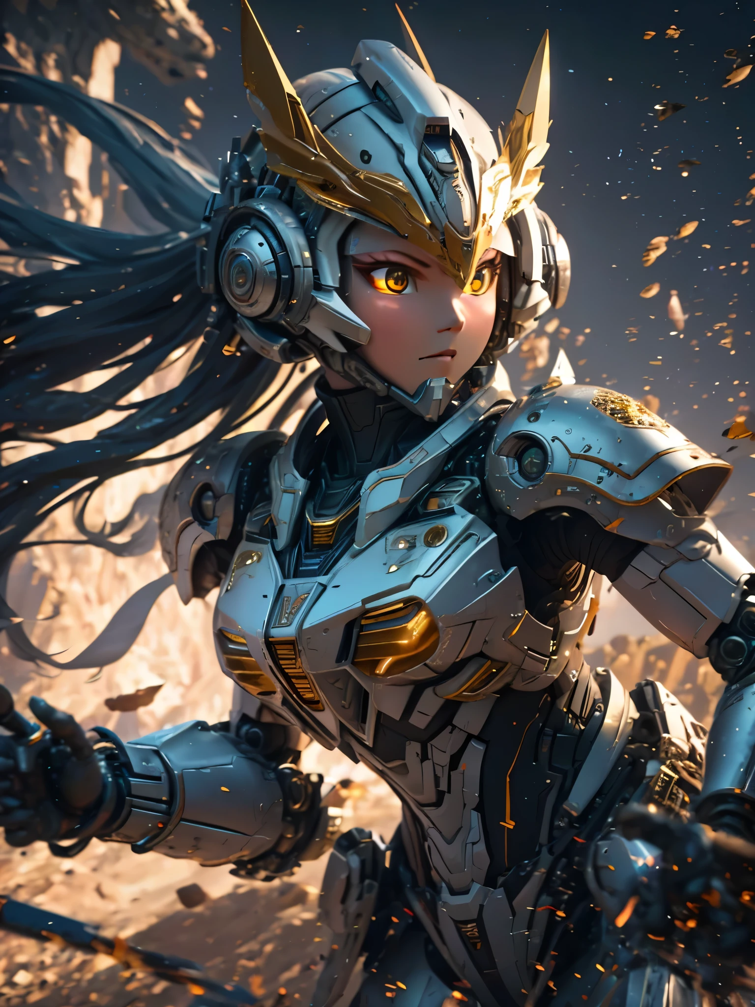((Highest quality)),(Ultra-high resolution),(Super detailed),(Detailed Description),((The best CG)),(masterpiece),Highly detailed art,(Art with precise detail:1.5), (Sci-Fi Fantasy:1.8), (Female Robot:1.5),Sonic Blade:1.5, iron, Crushing Arm, Fight, Cutting through the wind, Roaring Air,, Dazzling Sun:1.4, Lion's Fury, Brave and courageous, One-of-a-kind warriors, vermilion,Dark Green,sky blue,Illumination, design, Brightness:1.5