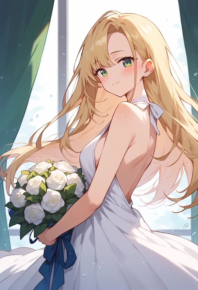 masterpiece, (score_9,score_8_up,score_7_up,score_6_up), 1 girl, green eyes, little sassy, skinny, tsurime, asymmetrical bangs, long hair, (blond hair:1.3), wedding Dresses,
white Mermaid Dresses,
white Halter Neckline,
sleeveless,(bouquet in red:1.2),
white Illusion Lace,teeth, blush, happy, , girl's front,