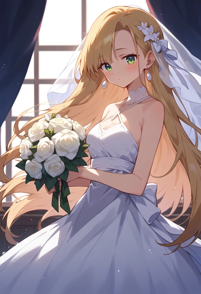 masterpiece, (score_9,score_8_up,score_7_up,score_6_up), 1 girl, green eyes, little sassy, skinny, tsurime, asymmetrical bangs, long hair, (blond hair:1.3), wedding Dresses,
white Mermaid Dresses,
white Halter Neckline,
sleeveless,(bouquet in red:1.2),
white Illusion Lace,teeth, blush, happy, , girl's front,