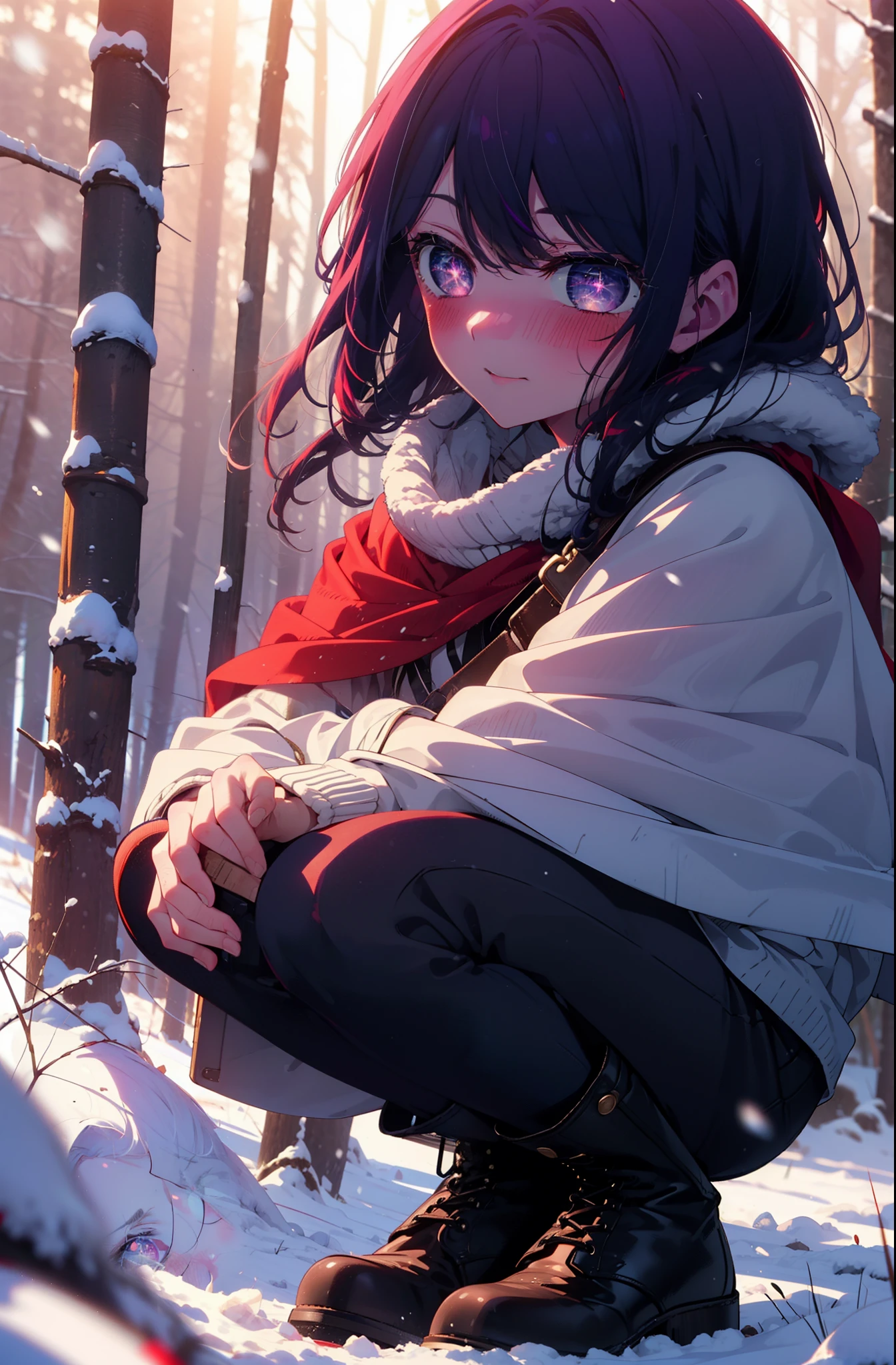 aihoshino, Ai Hoshino, Long Hair, bangs, (Purple eyes:1.1), Purple Hair, (Symbol-shaped pupil:1.5), smile,,smile,blush,white breath,
Open your mouth,snow,Ground bonfire, Outdoor, boots, snowing, From the side, wood, suitcase, Cape, Blurred, , forest, White handbag, nature, Squat, Mouth closed, Cape, winter, Written boundary depth, Black shoes, red Cape break looking at viewer, Upper Body, whole body, break Outdoor, forest, nature, break (masterpiece:1.2), Highest quality, High resolution, unity 8k wallpaper, (shape:0.8), (Beautiful and beautiful eyes:1.6), Highly detailed face, Perfect lighting, Highly detailed CG, (Perfect hands, Perfect Anatomy),