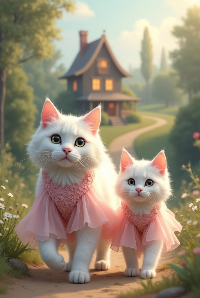 White big cat and white cat wear pink dress going to home