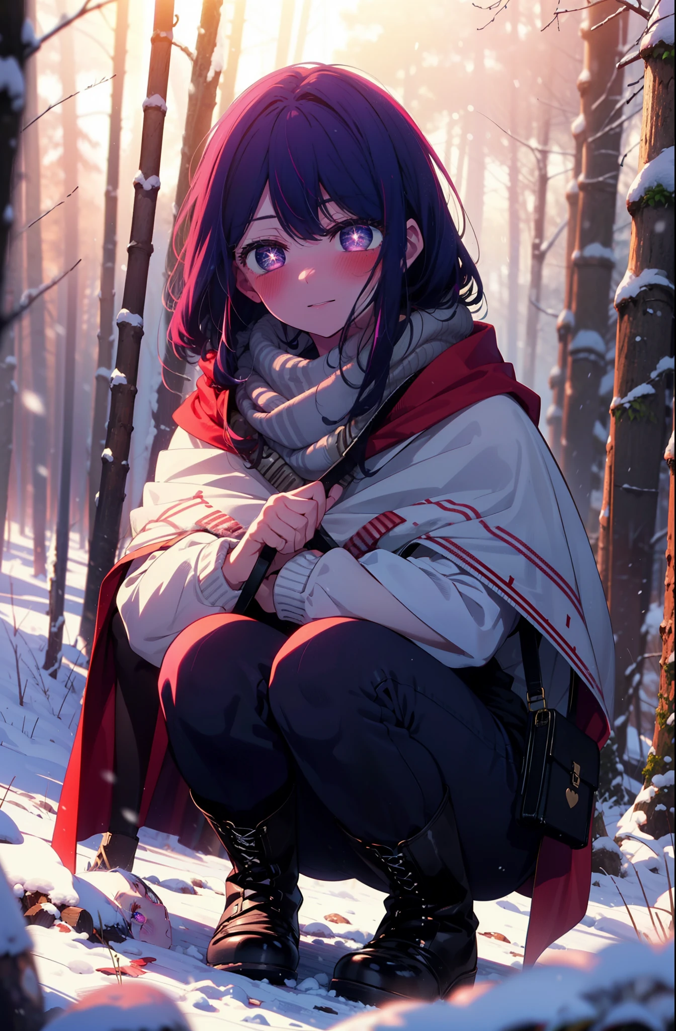 aihoshino, Ai Hoshino, Long Hair, bangs, (Purple eyes:1.1), Purple Hair, (Symbol-shaped pupil:1.5), smile,,smile,blush,white breath,
Open your mouth,snow,Ground bonfire, Outdoor, boots, snowing, From the side, wood, suitcase, Cape, Blurred, , forest, White handbag, nature,  Squat, Mouth closed, Cape, winter, Written boundary depth, Black shoes, red Cape break looking at viewer, Upper Body, whole body, break Outdoor, forest, nature, break (masterpiece:1.2), Highest quality, High resolution, unity 8k wallpaper, (shape:0.8), (Beautiful and beautiful eyes:1.6), Highly detailed face, Perfect lighting, Highly detailed CG, (Perfect hands, Perfect Anatomy),