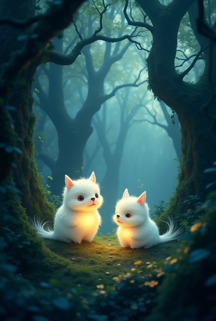 Little creatures in a dark forest animation, Very few, White, round, Shine, Hairy in the heart of the forest, For the story cover,Long-tailed Tit