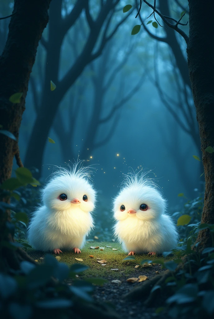 Little creatures in a dark forest animation, Very few, White, round, Shine, Hairy in the heart of the forest, For the story cover,Long-tailed Tit