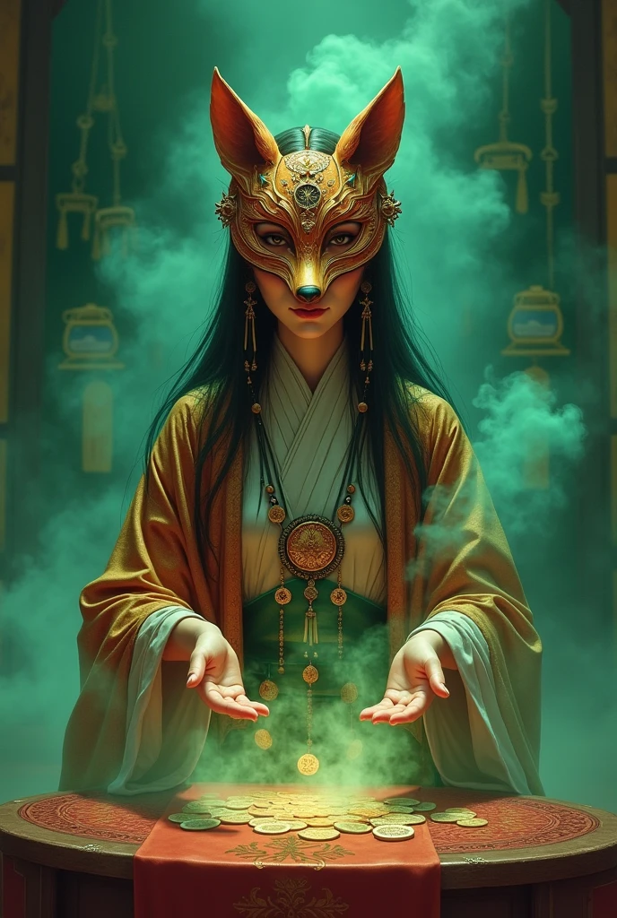 chinese fortune teller beautiful woman in hulijing fox mask throwing coins on table, mysterious atmosphere, green smoke, drawn in magic the gathering style