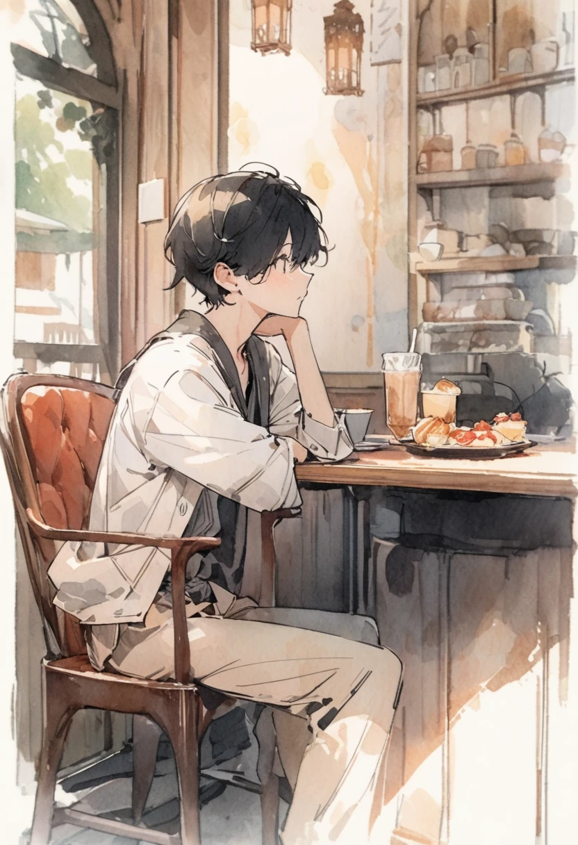 masterpiece,最high quality,Very detailed,High resolution backgrounds,8k,there is nothing,high quality,break,japanese manga style, sketch, Watercolor Colors,Cafe with a nice atmosphere,antique interior,Stylish interior,,slowly,relax,coffee, A boy is sitting on a chair、solo、Get closer to your subject、Black Hair、Black T-shirt