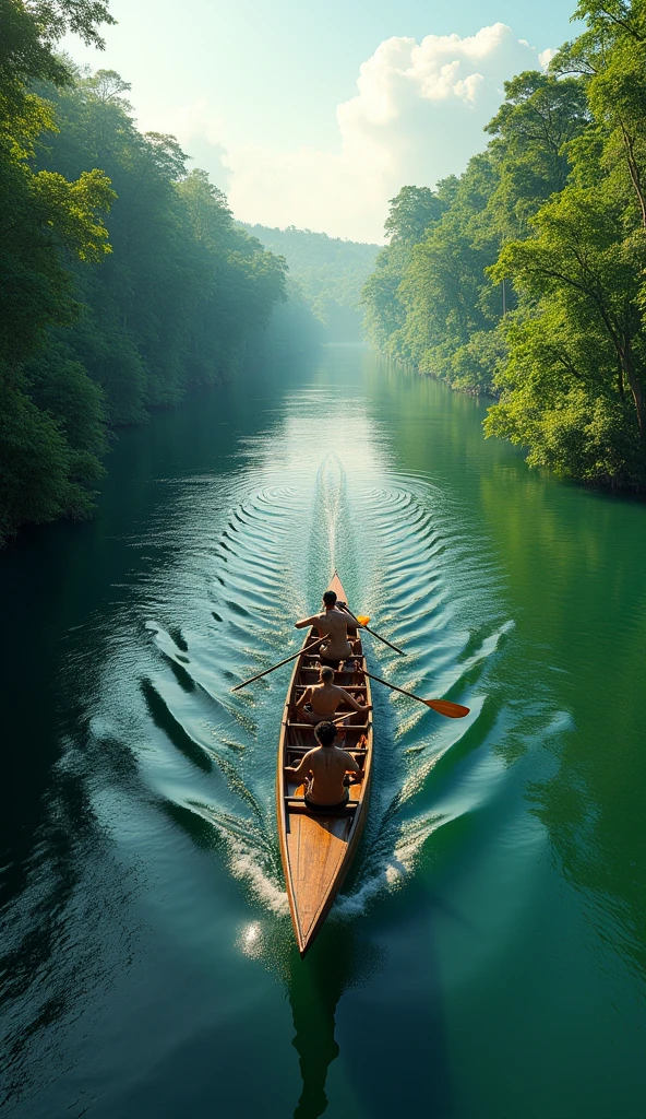 Fast canoe on the banks of the Amazon River with lush forest in the background
