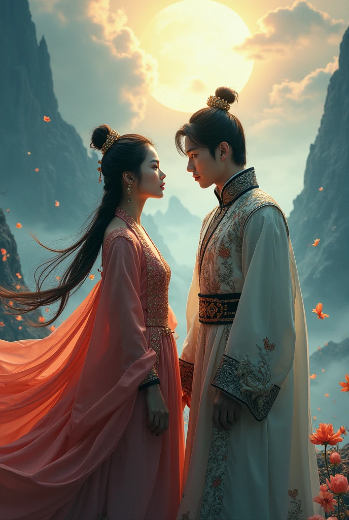 Make a movie poster similar to Chinese fantasy dramas where Korean actress Kim Jiwon and Korean actor Kim Soohyun are wearing outfits of fantasy theme