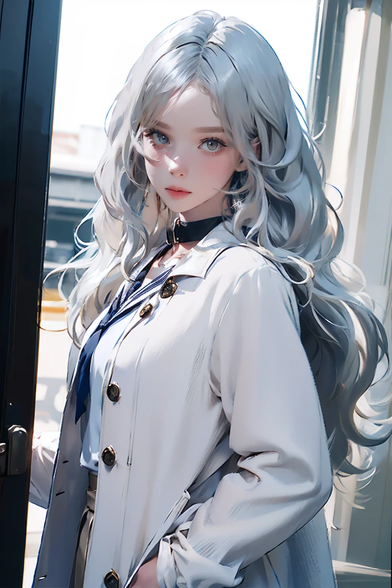 Layering,((On the outside, he is half-dressed in a white coat.)),(Sailor collar uniform),shirt, Pleated skirt,(Black Pantyhose),[:(Detailed face:1.2):0.2], RAW Photos, (masterpiece), (Highest quality), High resolution, (Realistic, photo-Realistic:1.2), Super detailed, Physically Based Rendering, One girl, Air Van, Long Hair, (Silver Hair), Wavy Hair, 