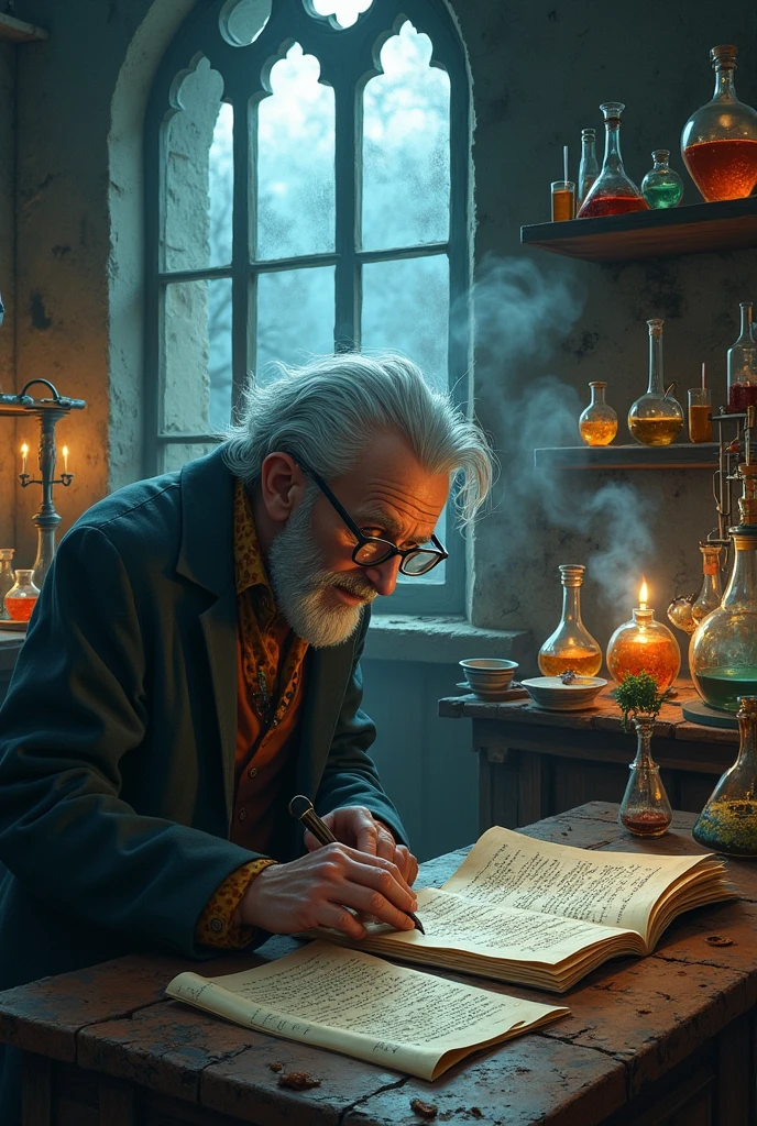 A chemical laboratory with ancient flasks, multi-colored liquids, smoke and spilled paint on the old broken tile floor. A gray-haired crazy old man with glasses and disheveled hair. In his hands he holds a stack of manuscripts with chemical formulas. The evening sky in the broken windows. The dim light from the lamps in the laboratory.