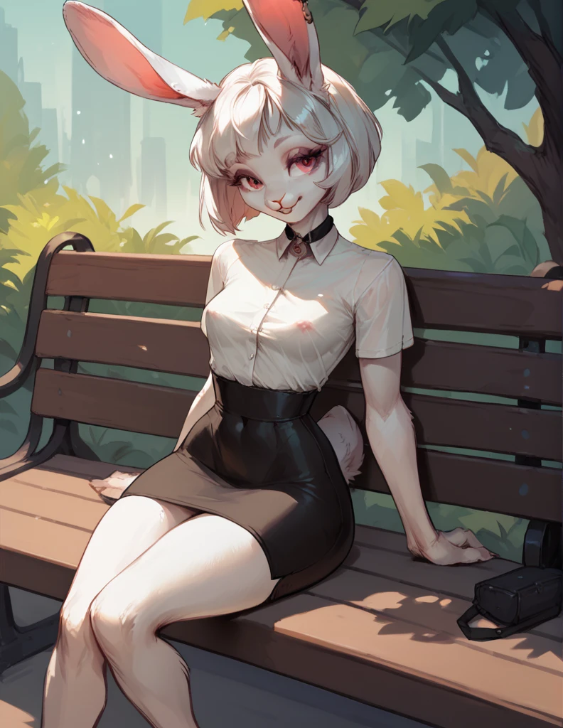 (((furry 5.0)))),Female, 18 years, cute rabbit, Female кролика,Tight skirt,Slightly transparent top, slender body, sits on a bench, against the background of the park