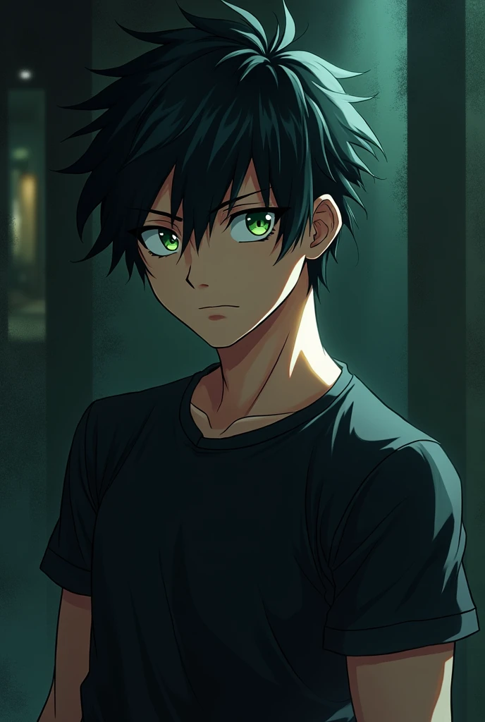 Black hair green eyes and black tshirt  anime character  man boy  badass