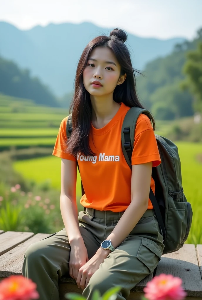 beautiful Korean girl, white skin, well-groomed face, black hair in a bun, partly loose, wearing a long orange t-shirt with the Young Mama logo, cargo pants, backpack, wearing a cool watch, sitting on a wooden bridge, holding an iPhone 14 Promex, there are flowers beautiful flowers blooming, in the background, rice fields and mountains, rice fields look authentic, real and realistic photos