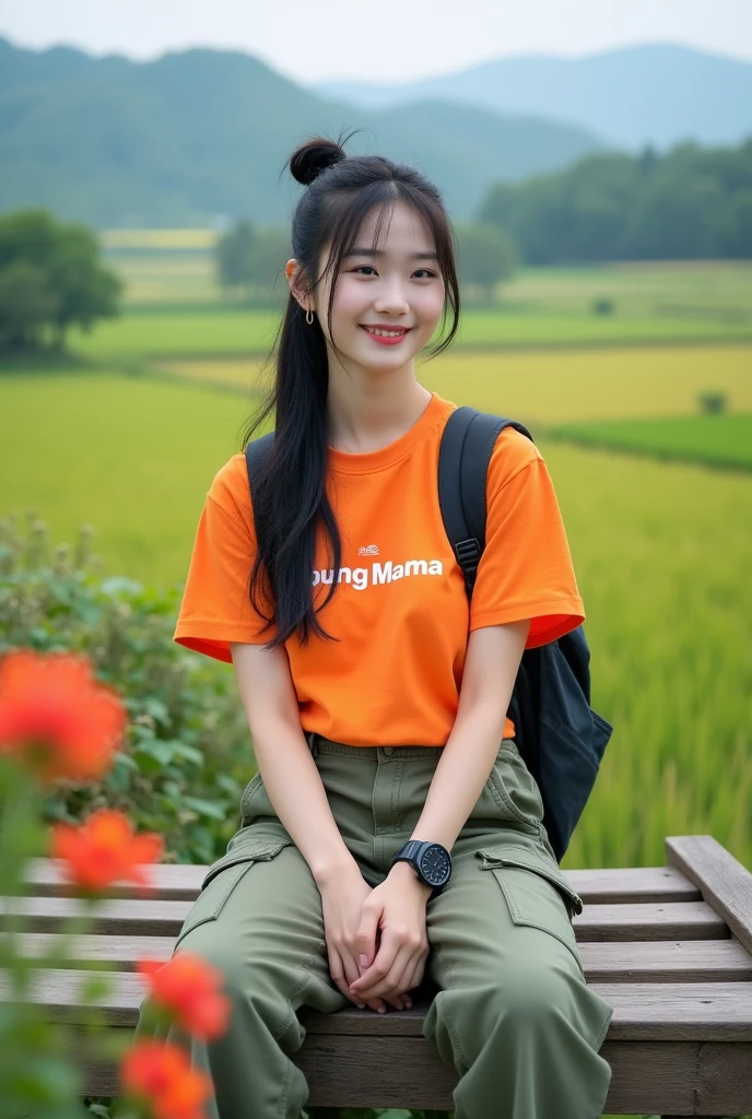 beautiful Korean girl, white skin, well-groomed face, black hair in a bun, partly loose, wearing a long orange t-shirt with the Young Mama logo, cargo pants, backpack, wearing a cool watch, sitting on a wooden bridge, holding an iPhone 14 Promex, there are flowers beautiful flowers blooming, in the background, rice fields and mountains, rice fields look authentic, real and realistic photos