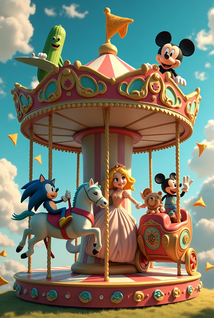 Magic Carousel, Although, instead of horses there will be, respectively, these characters: A surfer, a cucumber, O Sonic, A princess, Mickey Mouse and a talking Doritos