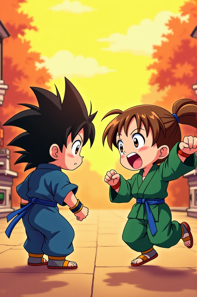 A vibrant and dynamic anime scene featuring a chibi-style young man and women . Man is shown with a grumpy expression, wearing a blue monk outfit, long hair,while women joyfully jumps with a fist in the air, dressed in his iconic green gi. Big boobs,brown hair,The background is filled with bold orange and yellow hues, with subtle comic-style illustrations of Krillin’s expressions and additional characters. The overall style is playful and captures the energy of classic anime with detailed shading and a warm color scheme