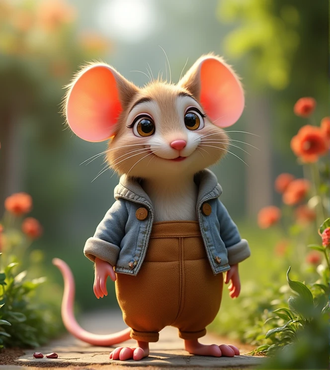 Imagine a lifelike little mouse with humorous exaggerated features, oversized, wearing cute clothes, bright eyes and curiosity, smiling, positive image, smiling little mouse, Disney style, capturing natural textures, and although its little claws are slightly larger, they are cuter. The background is a simple garden with an emphasis on natural colors and some greenery to create vibrant colors