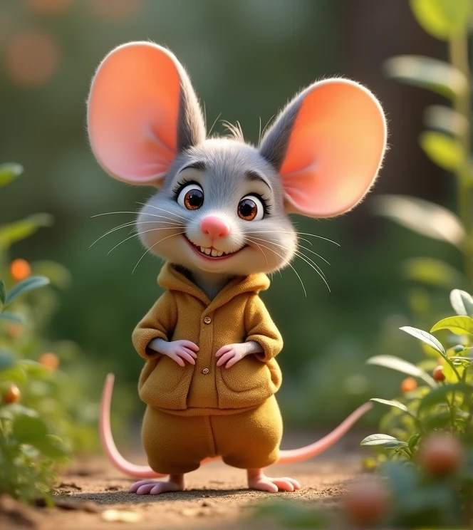 Imagine a lifelike little mouse with humorous exaggerated features, oversized, wearing cute clothes, bright eyes and curiosity, smiling, positive image, smiling little mouse, Disney style, capturing natural textures, and although its little claws are slightly larger, they are cuter. The background is a simple garden with an emphasis on natural colors and some greenery to create vibrant colors