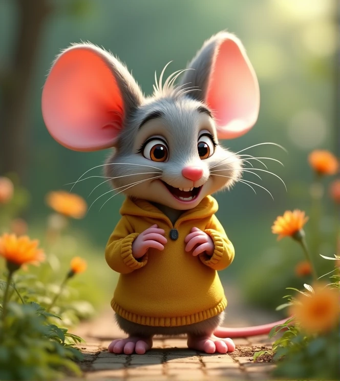 Imagine a lifelike little mouse with humorous exaggerated features, oversized, wearing cute clothes, bright eyes and curiosity, smiling, positive image, smiling little mouse, Disney style, capturing natural textures, and although its little claws are slightly larger, they are cuter. The background is a simple garden with an emphasis on natural colors and some greenery to create vibrant colors