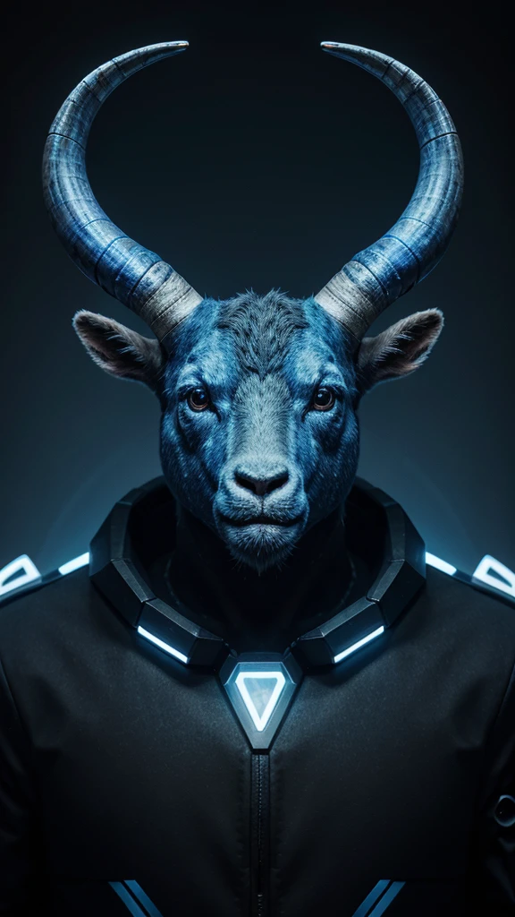 "Create a highly detailed 3D illustration of man a blue goat's head designed as an NFT, with a futuristic and high-tech theme. The man goat head should be blue in color and represent a powerful, authoritative figure, like a CEO. The design should incorporate elements of RAM (computer memory), making the horns and other features of the goat head look like intricate, glowing circuits and chips. The overall style should be sleek, modern, and slightly abstract, with a blend of organic and mechanical textures."
