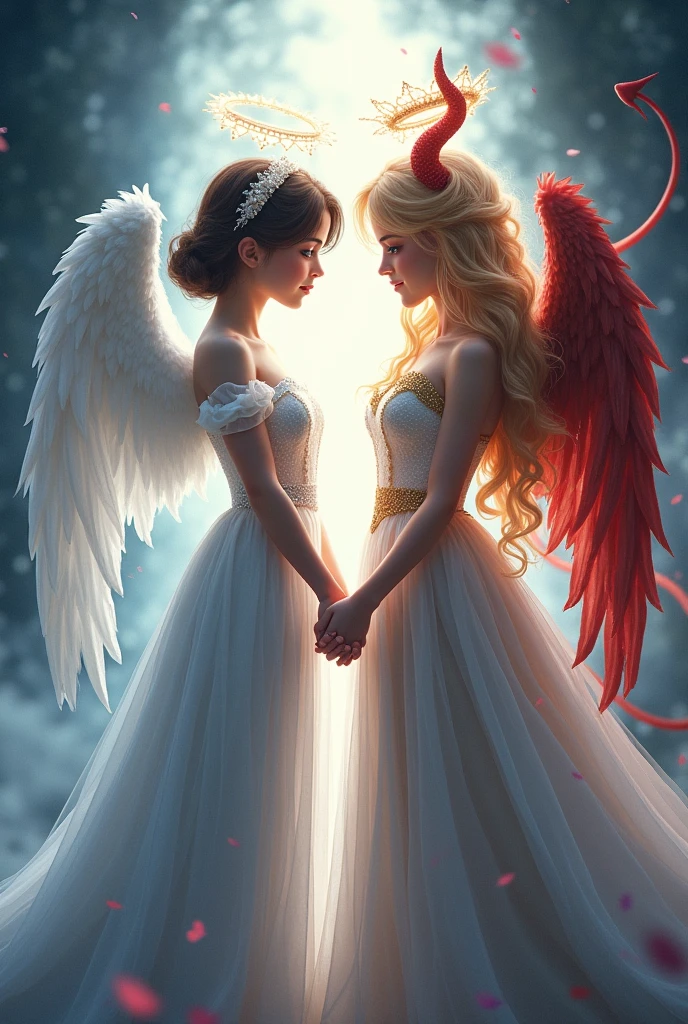 Generate Princess of Heaven and Princess of Hell,who are holding hands.The princess of the sky is short,she has brown short hair and blue eyes.She also has white angel wings and a halo..The princess of hell is tall,she has long blonde hair and brown eyes.He also has black horns and a demon tail..