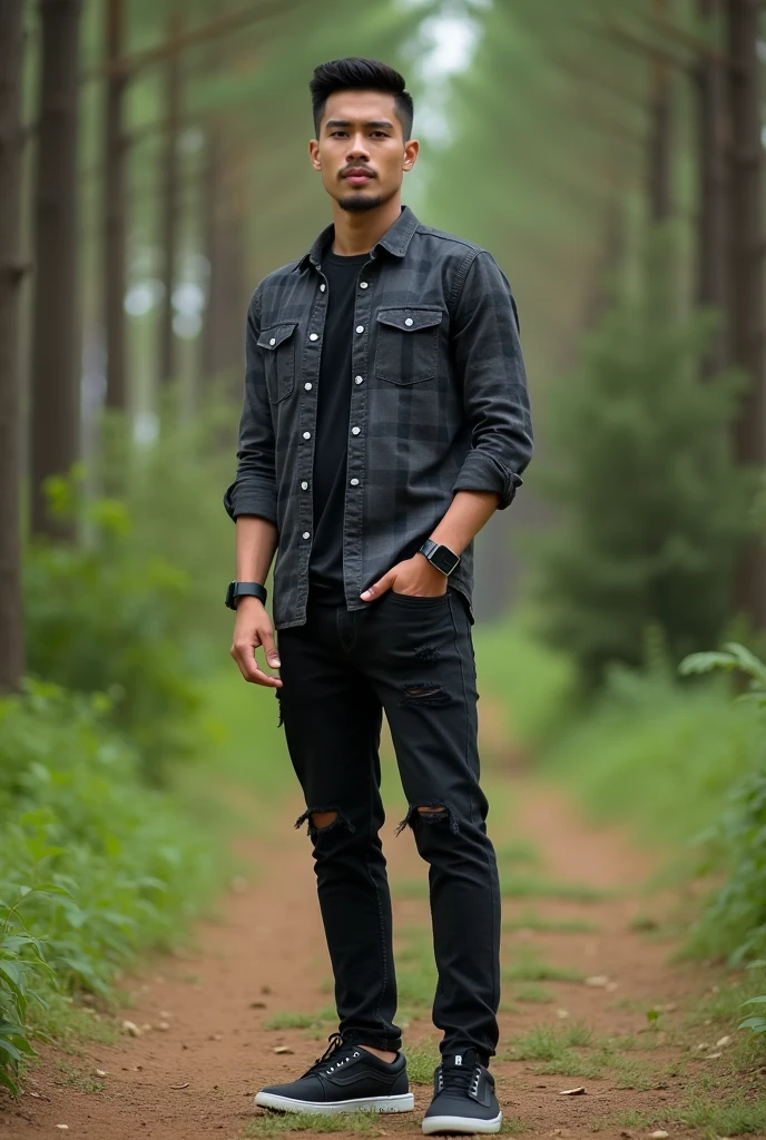 please make me a realistic photo of a 30-year-old Indonesia man wearing a dark grey color long-sleeved plaid shirt, wearing black torn jeans, wearing black vans.wearing an iPhone smartwatch, standing outdoors against the background of a green pine forest.4K Full HD resolution.