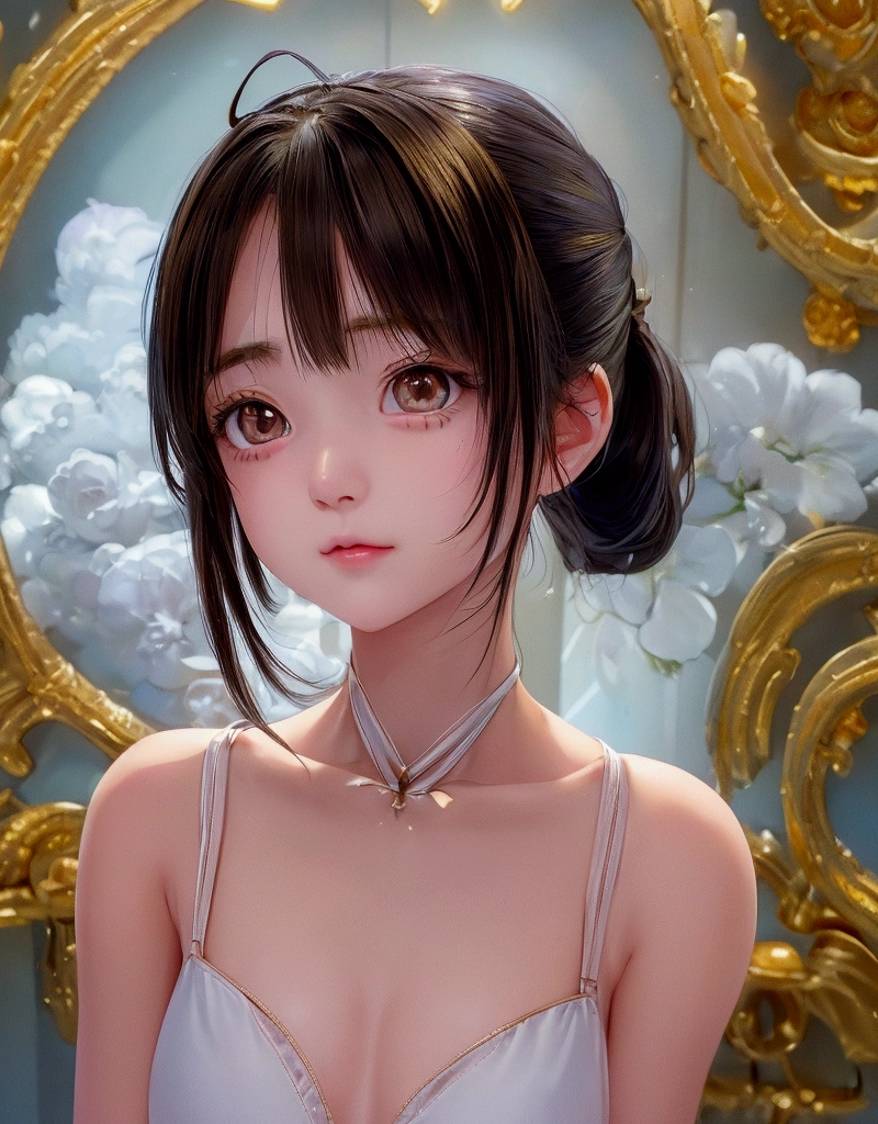 One Girl，(1人のとてもcute:1.3)，masterpiece，Highest quality，High resolution，From below，Low - Angle，Photorealistic，RAW Photos，Ray Tracing，Physically Based Rendering，beautiful girl，(:1.3)，cute，Big eyes，(detailed pupils:1.2)，(The face is facing straight ahead:1.3)，Body facing forward，Beautiful nose，High nose，Upturned nose，Fuller lips，Short black hair，ponytail，short hair，Detailed eyelashes，Thin eyebrows，Very fine grain definition，(Symmetrical eyes，Golden Ratio:1.3)，(Face close-up，Face Focus:1.0)，Small breasts，Short neck，White swimsuit，White Bikini，Ocean，Southern Island，Blue sky，White cloud，Portrait，View Viewer，Upper Body，Cinema Lighting，High resolution，Very detailed