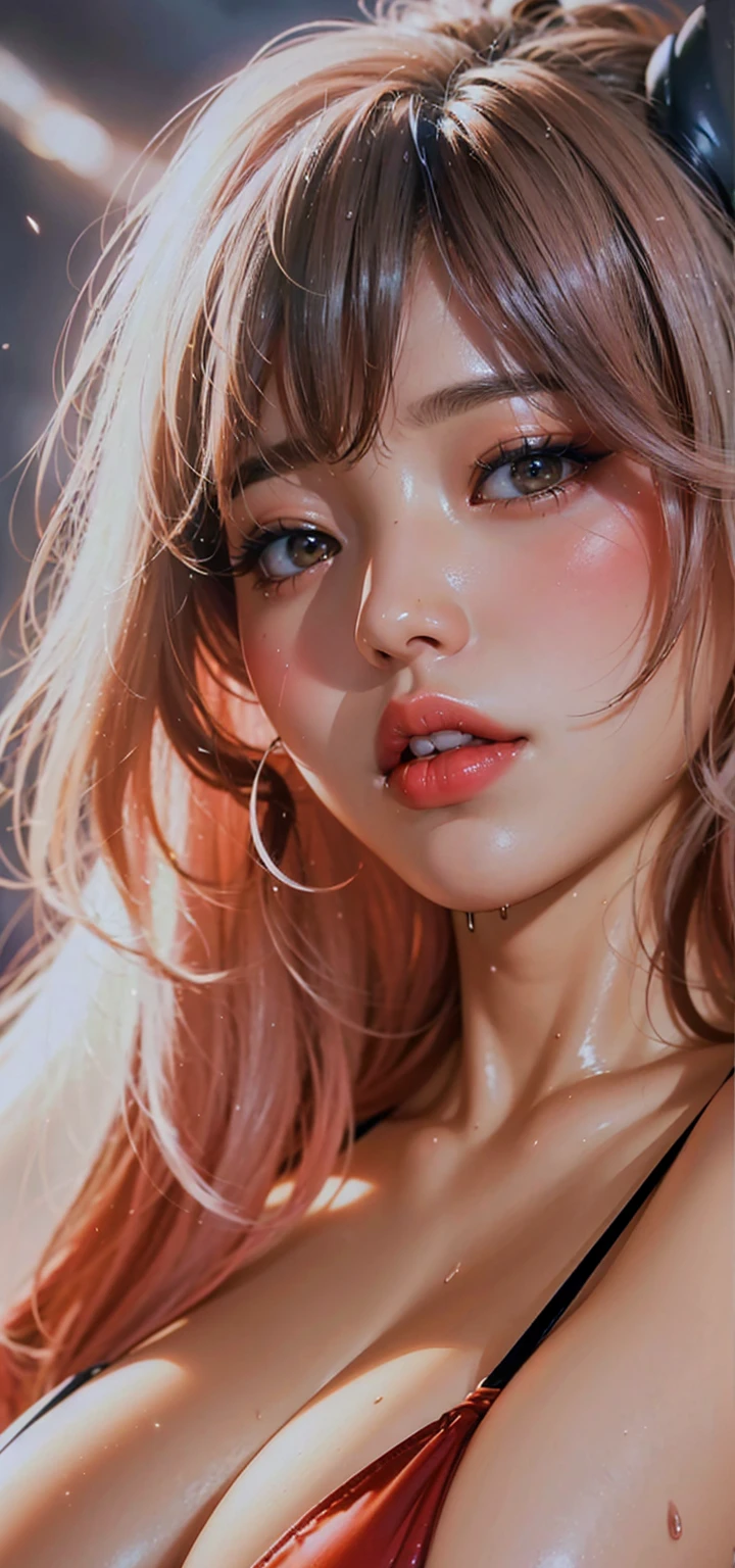 Taiwanese gravure idols gal makeup Light pink slong hair with bangs smoky makeup black eyeshadow Plump cheeks round face Wet and shiny navy blue school swimsuit Rooftop of a building with a steampunk night view ((Gloss rouge bright red lips)) big breasts cleavage (beautiful armpits) sweaty armpits Look at me with shame ((Sweaty, wet and shiny armpits and skin)) ((Close-up depiction of a mature woman's face seen from the floor)) ((Depicted from below)) (Condescended) eye contact close-up of armpit