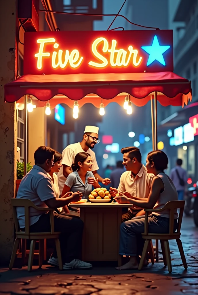 Panch vyakti Pani Puri ke thele per pani puri khate hue thaile ka naam five star pane ke liye point LED light board ke sath Naam likha hua ek vyakti Jo Pani Puri sarv karta hun