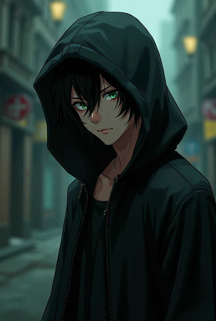 Black hair green eyes and black hoodie anime character man boy badass