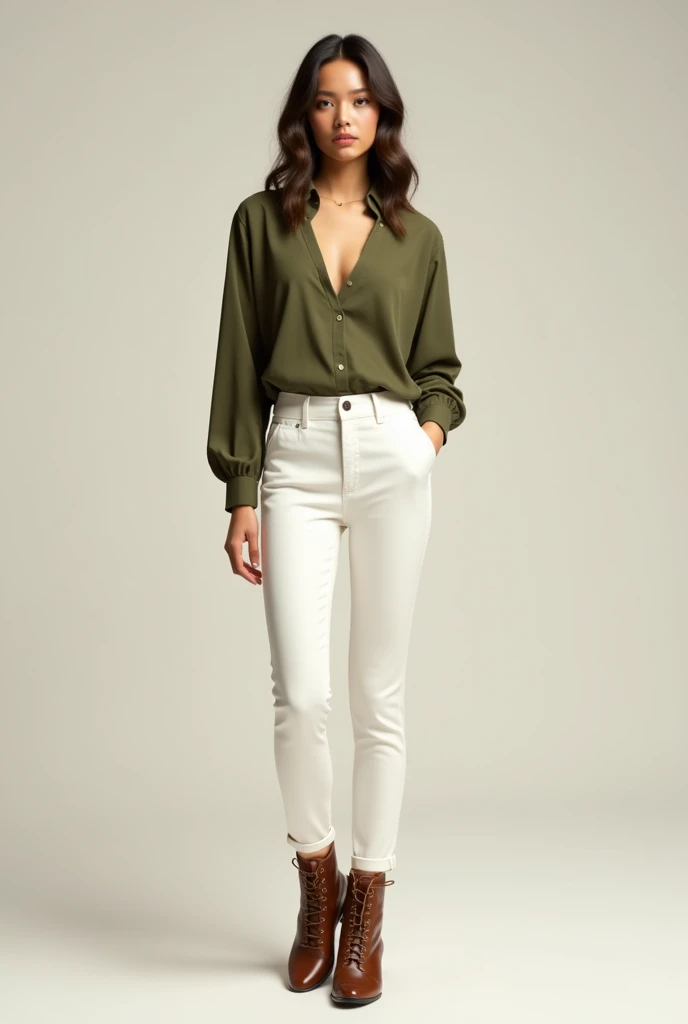 Olive top with white pant and brown boots...women