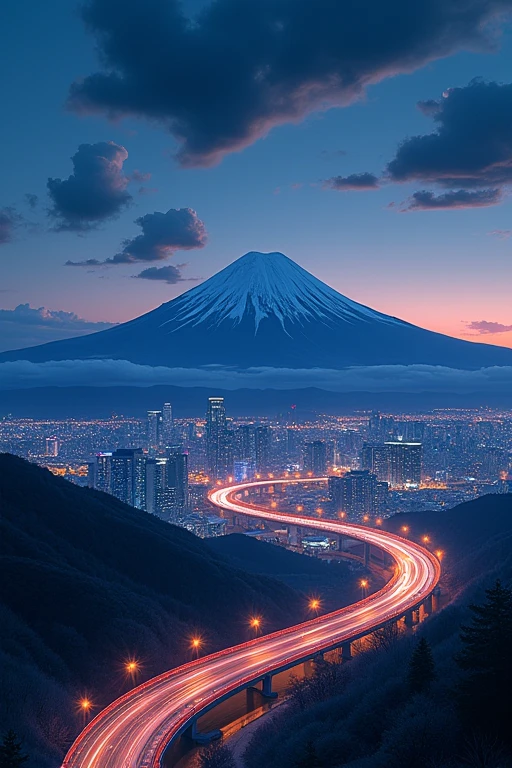 Night view of Mt. Fuji with big city highway pass