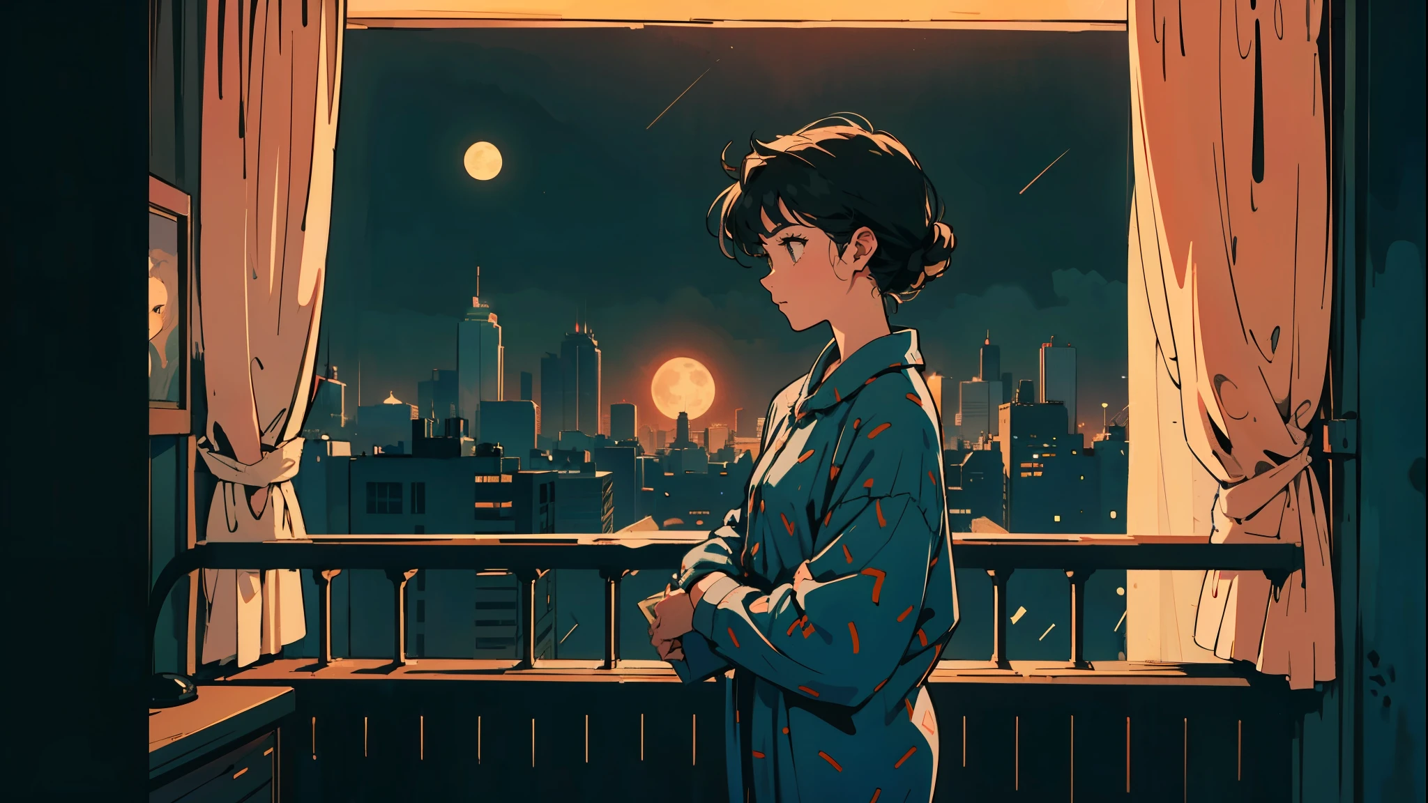 Anime style illustration of young woman on balcony at night. Full moon and starry sky, cityscape below with twinkling lights. Woman in profile, wearing pajamas with polka dot pattern. Wearing a big headphone and looking at viewers. Balcony railing in foreground. Curtains visible from room behind. Contrast between dark night sky and bright city lights. Peaceful, contemplative mood. Highly detailed background with buildings. Soft, warm color palette with emphasis on blues and oranges. Cozy, late-night atmosphere. Various colors in the image