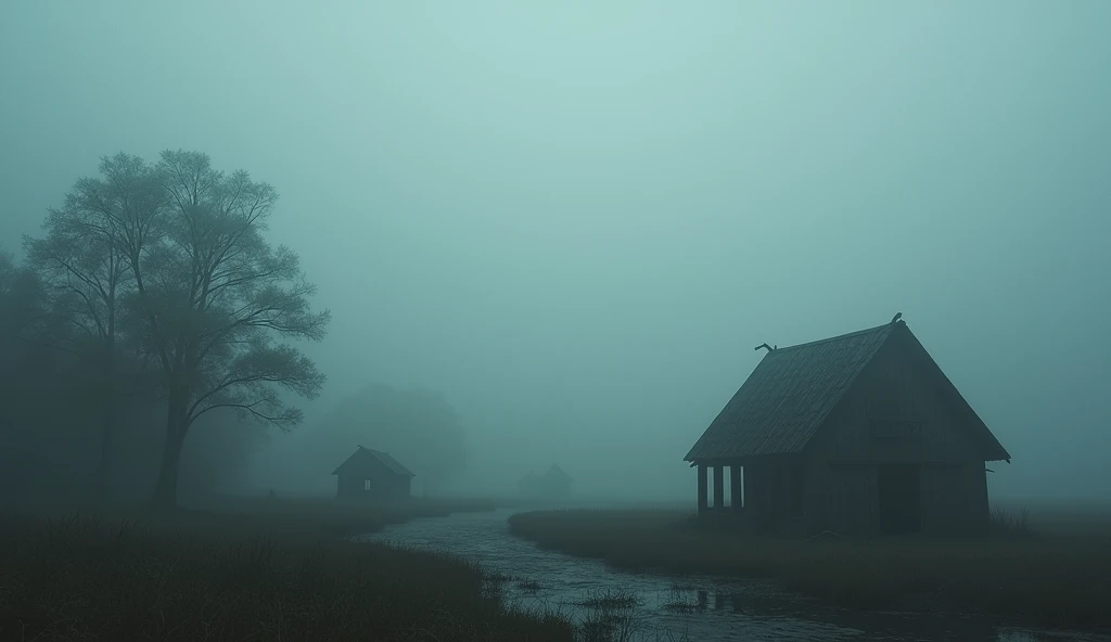 final, haunting scene of Roanoke Island shrouded in mist and silence, with the remnants of the abandoned settlement barely visible through the dense fog, evoking a sense of unresolved mystery and desolation.
