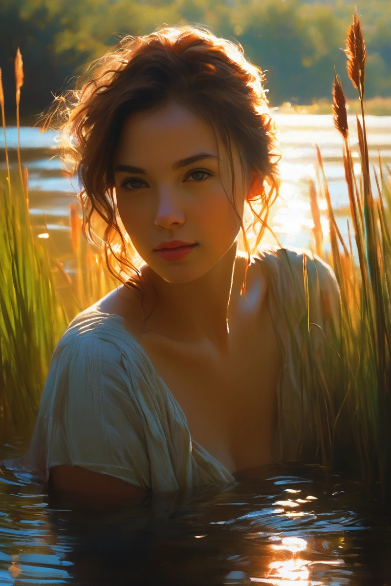 close up portrait of a cute woman (gldot) bathing in a river, reeds, (backlighting), realistic, masterpiece, highest quality, lens flare, shade, bloom, [[chromatic aberration]], by Jeremy Lipking, by Antonio J. Manzanedo, digital painting,