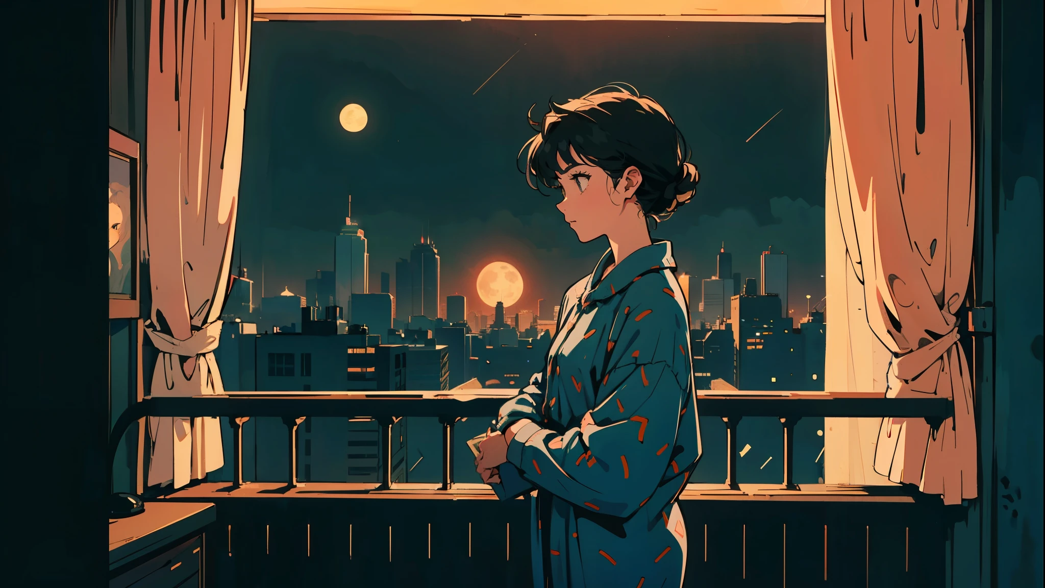 Anime style illustration of young woman on balcony at night. Full moon and starry sky, cityscape below with twinkling lights. Woman in profile, wearing pajamas with polka dot pattern. Wearing a big headphone and looking at viewers. Balcony railing in foreground. Curtains visible from room behind. Contrast between dark night sky and bright city lights. Peaceful, contemplative mood. Highly detailed background with buildings. Soft, warm color palette with emphasis on blues and oranges. Cozy, late-night atmosphere. Various colors in the image