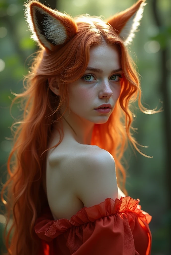 A woman with red curly hair wolf ears and red eyes 